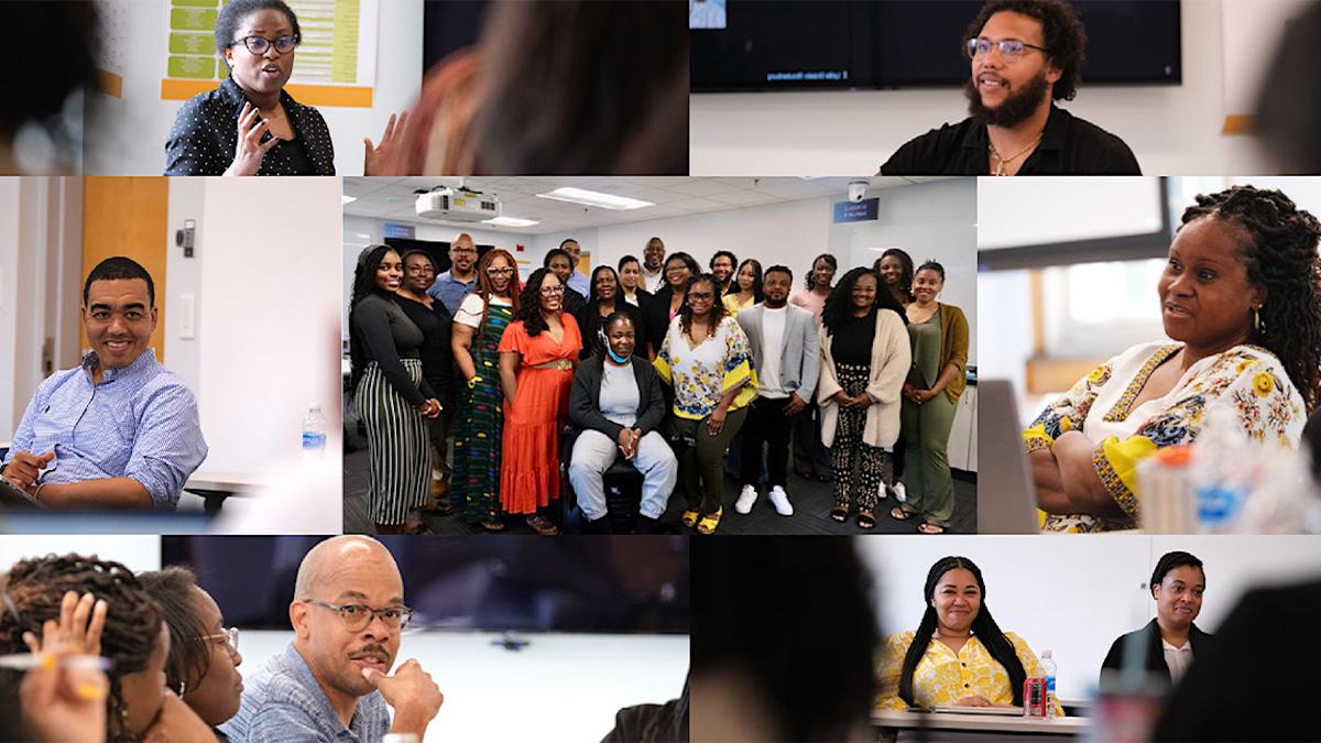 A collage of photos of people attending the Black Empowerment in Autism Network meeting at Peabody Hall on the campus of UNC-Chapel Hill. Most images are of individuals speaking in classrooms. There is also a group shot of event attendees.