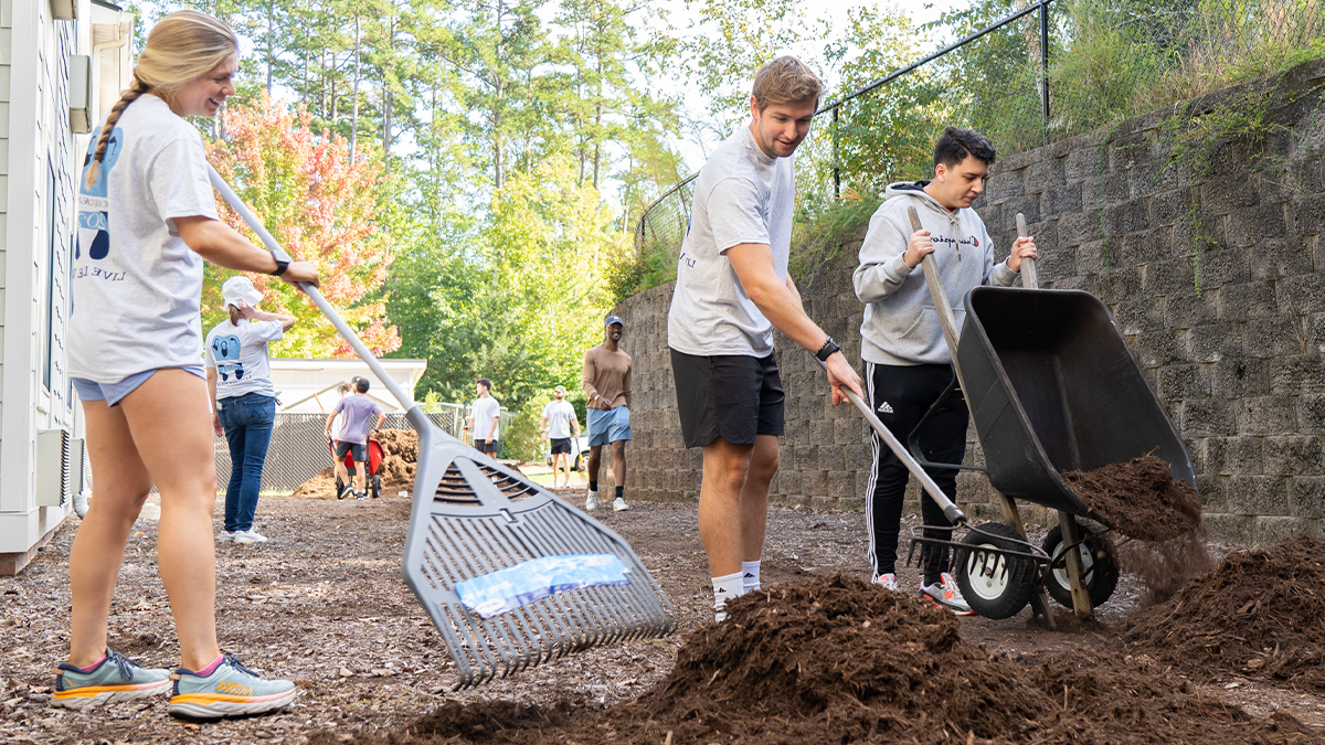 Three people doing lawn work as community service. A man and a woman are raking dirt, and another man is dumping dirt out of a wheelbarrow.