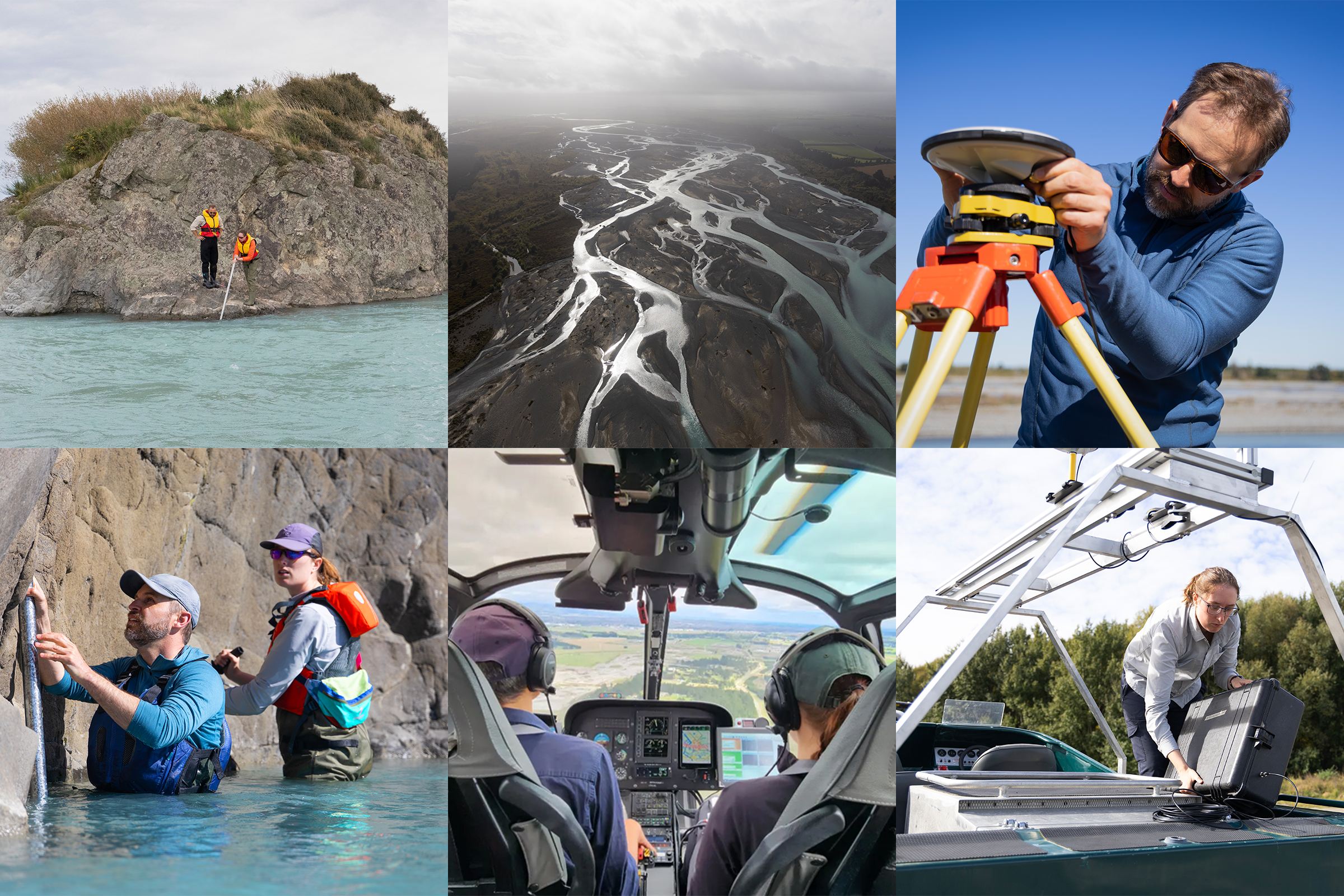 Six-photo collage with pictures of: a man setting up a measurement tool on land near a river; an aerial view of a winding river in New Zealand; two researchers wearing life vests and standing on the edge of a large rock while placing a measurement tool in a river; a researcher configuring a large GPS system to a boat; a man and a woman riding in a helicopter; two researchers configuring a measurement rod in a river.