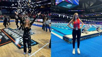 Julia Roth standing in front of Olympic swimming pool; Kaitlyn Schmidt throwing confetti in air on basketball court